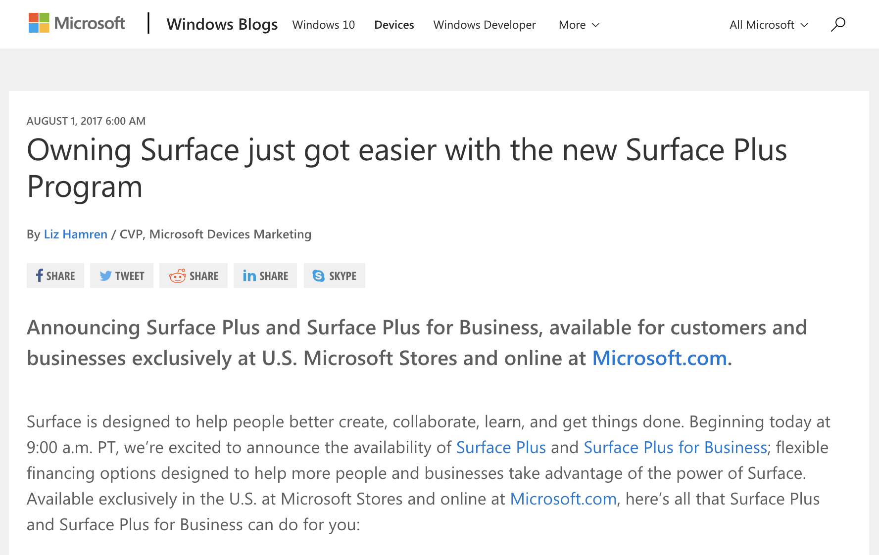 Microsoft Surface Plus Financing Announcement Blog Post (2017)